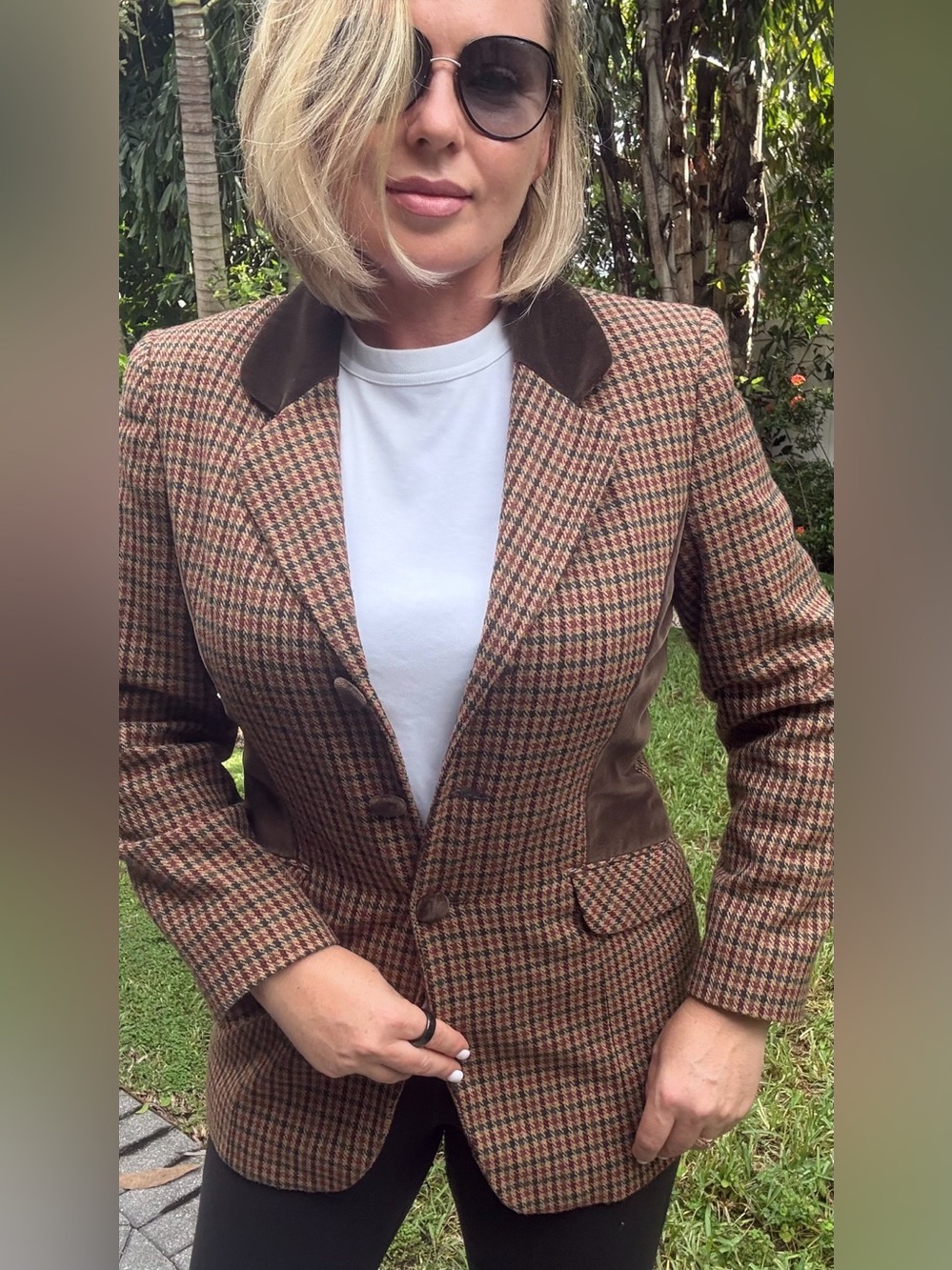 Vintage Style Exchange Wool Plaid Blazer Women’s 8 Brown Velvet Riding Jacket